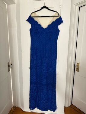 Tadashi Shoji Cobalt Blue Lace Off-Shoulder Maxi Gown
